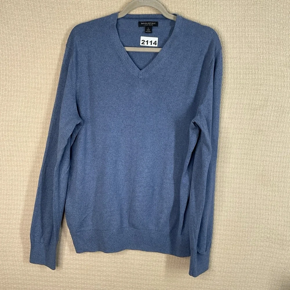 Banana Republic Mens Large Blue V-Neck Luxury Blend Sweater Cashmere Silk Cotton